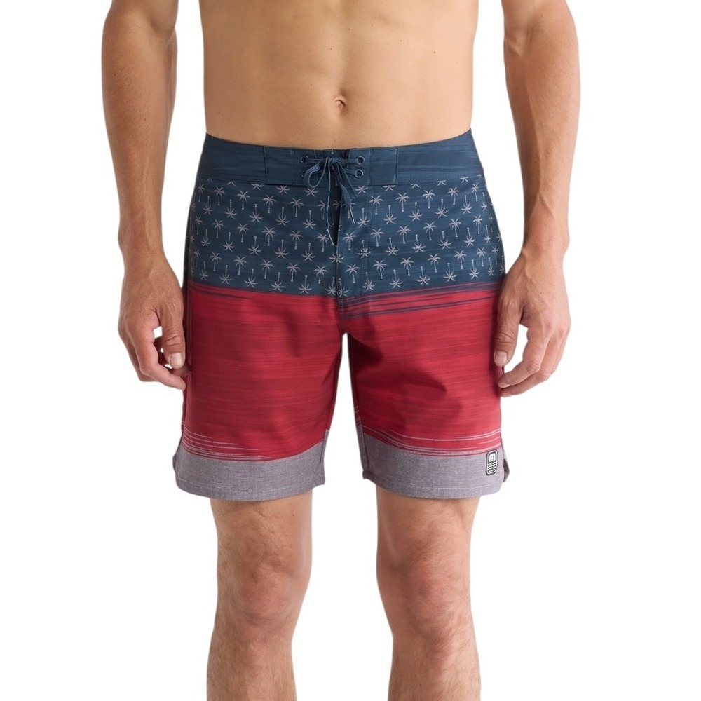 Travis Mathew Board Shorts‎ Mens 40 Palm Tree Red Blue Stripe Swim Trunks New